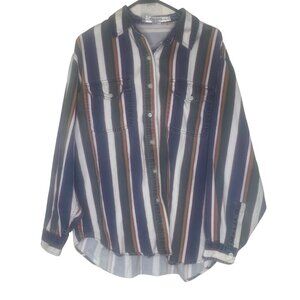 Vintage Kikomo Authentic Denim Button Up Shirt Womens Size L Striped Long-Sleeve